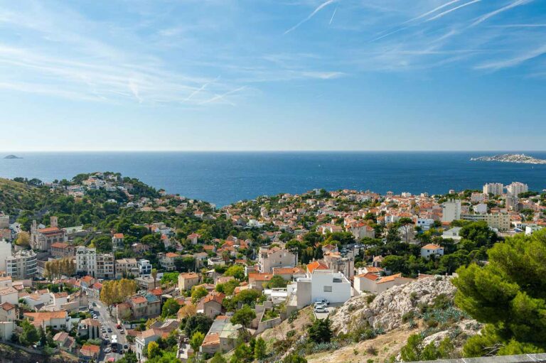 view of marseille landscape looking onto Mediterranean ocean.