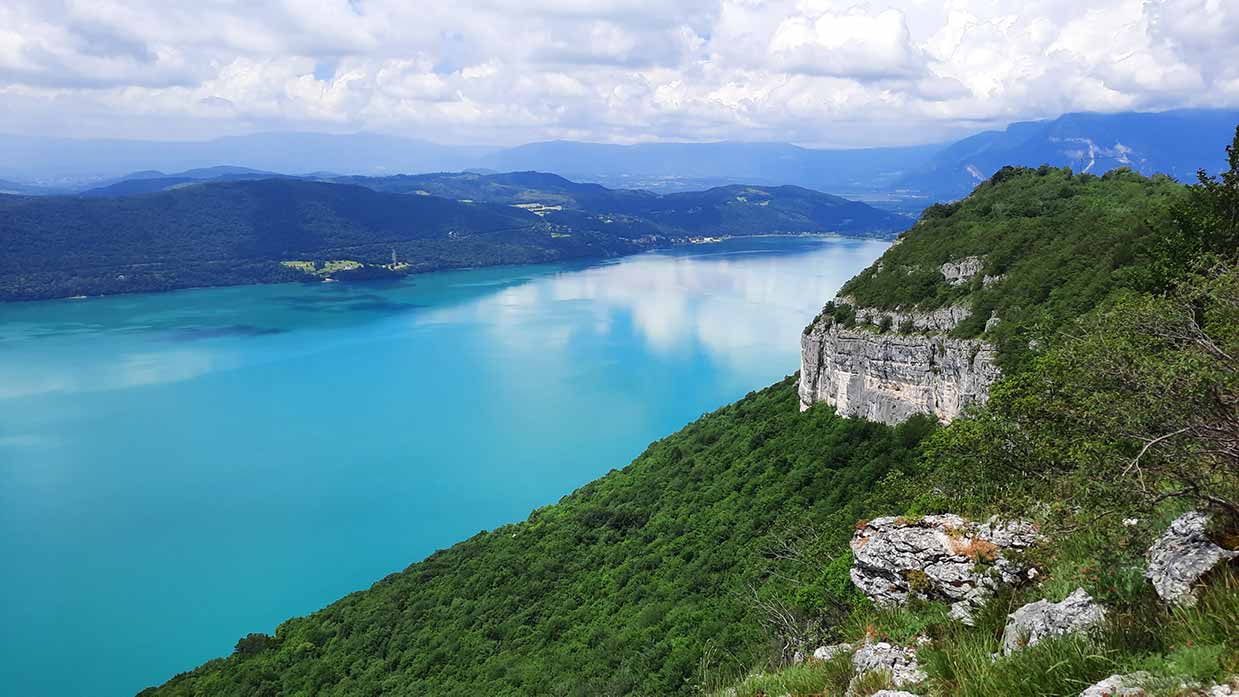Bourget lake and mountain range in the French Alps, Lac du Bourget.