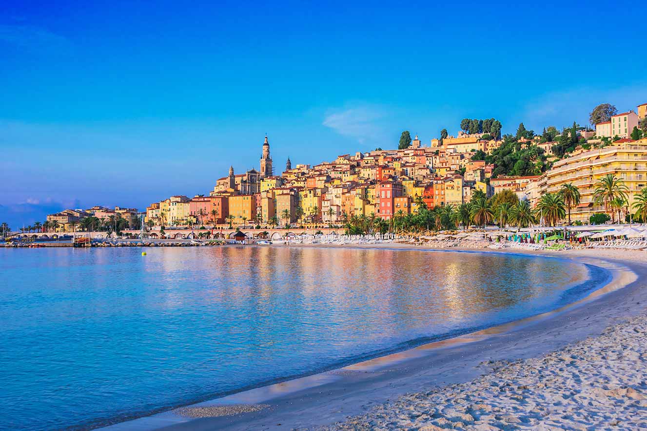 Beachfront and cascading houses of Menton on the French Riveira.