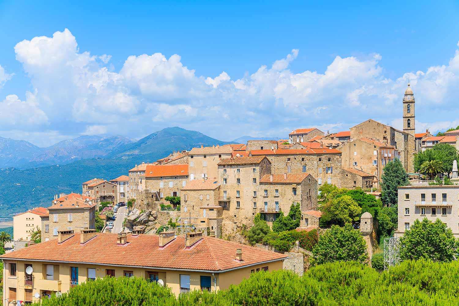 Panoramic view of Sartene Village in Corsica, France, showcasing traditional stone houses and lush greenery against a backdrop of mountains and blue sky.