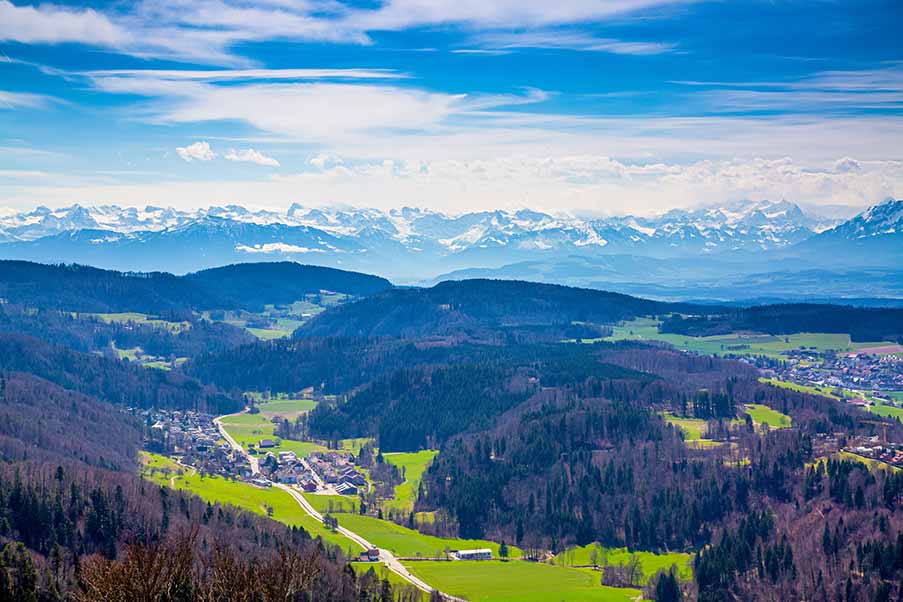 Panoramic view from Uetliberg Viewpoint overlooking lush green landscapes and distant snow-capped Alps in Switzerland